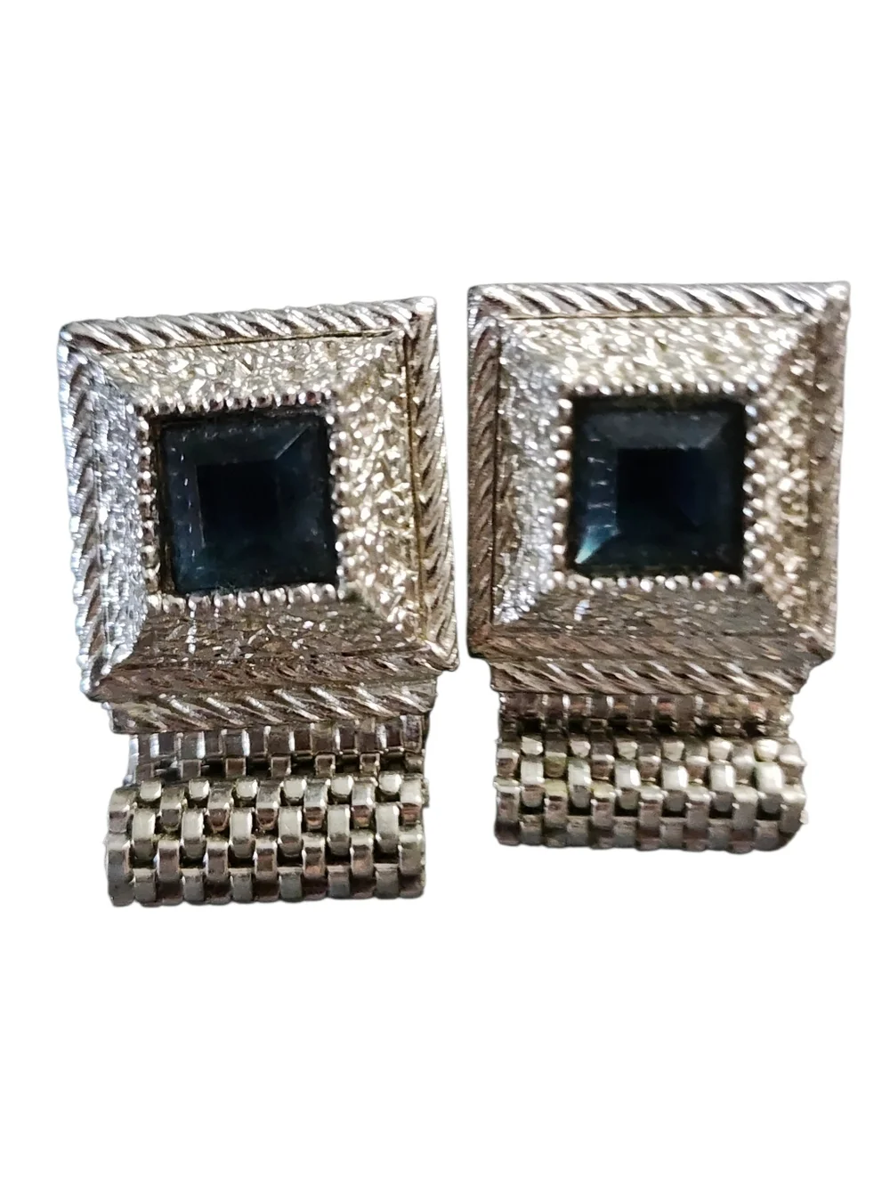 Vintage Silvertone Square Cufflinks Dark Blue Stone